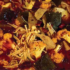 Pig’s blood, ox tripe & vegetables in ma-la broth